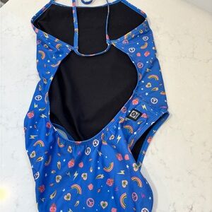 Jolyn Vibrant Blue Brandon style swimsuit with Colorful Icons
